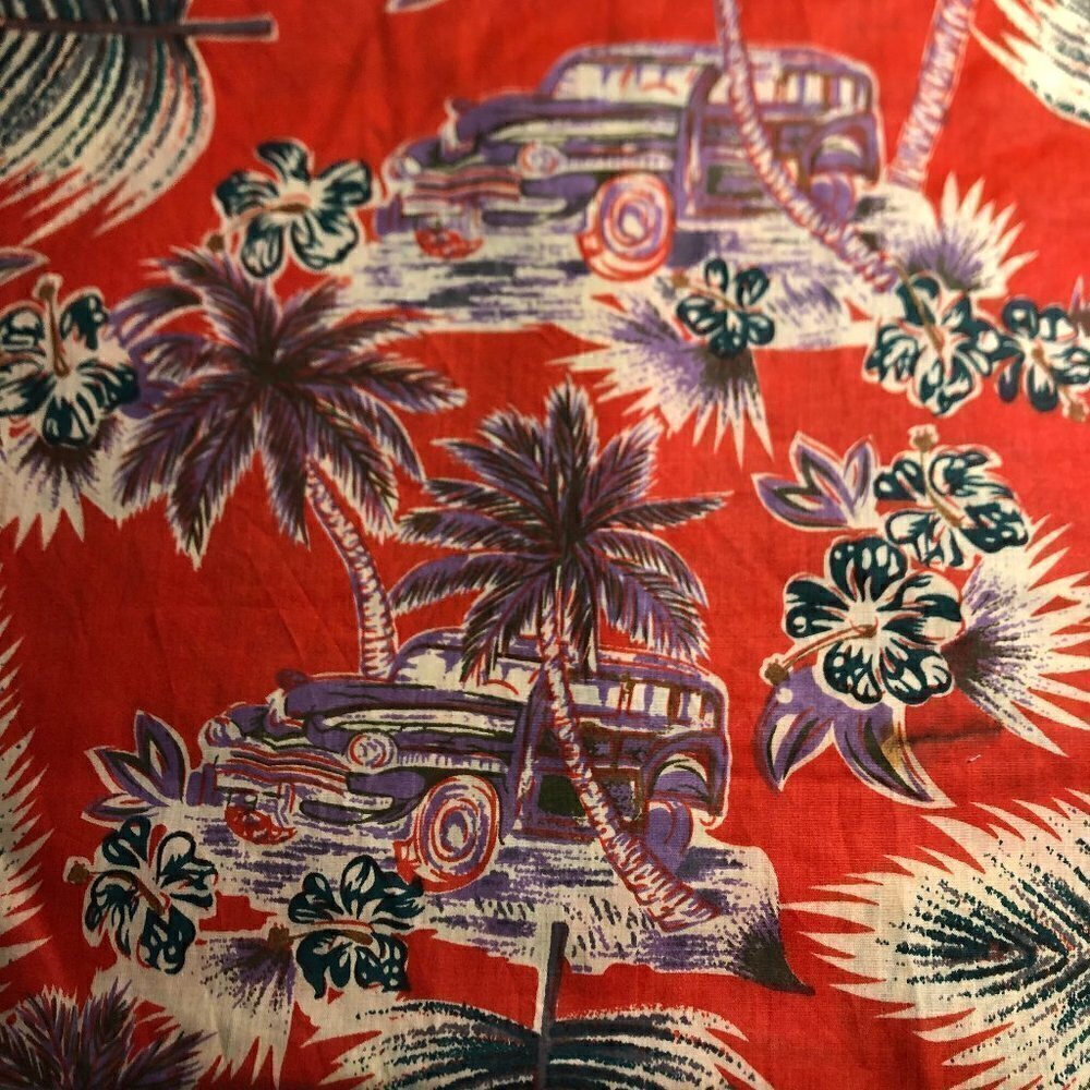 🛒 $20 Vintage Fabric Material - 2 1/8 yards x 60" wide Tropical Old Car Red 957